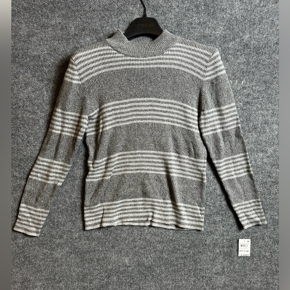 Karen Scott Grey and White Striped Ribbed Mock Neck Sweater -Size Petite XS, NWT - Picture 1 of 3